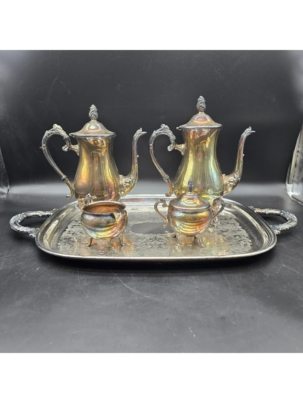 Vintage Suffolk Silversmiths Silverplate Coffee & Tea Set Tray 5 Pc Classique